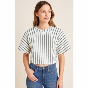 Dolan Anthropologie Striped Short Sleeve Knit Top White Navy Cropped Size Small